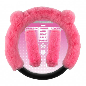 Simply Auto Pink Teddy Steering Wheel Cover & Seat Belt Pads