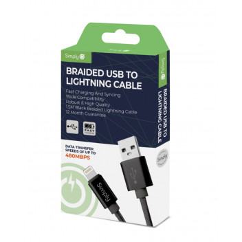 Simply Power USB Iphone 5/6/7/8/X 1.5m  Braided Cable Black