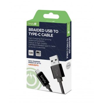 Simply Power Type C Braided Black Cable 1.5M